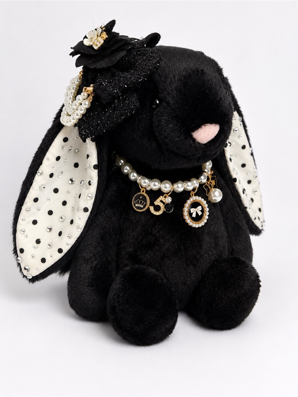 Black Plush Bunny with Pearl Charm Necklace - Kids Stuffed Animal